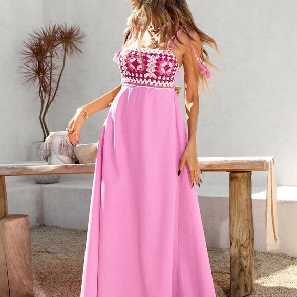 Pink Boho Women's Crochet Splice Spaghetti Strap Maxi Dress - Picture 4 of 7
